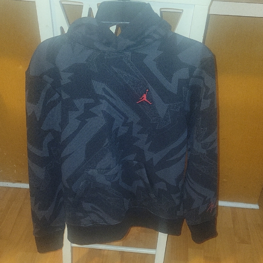 Black and Gray Jordan Hoodie with Red Logo